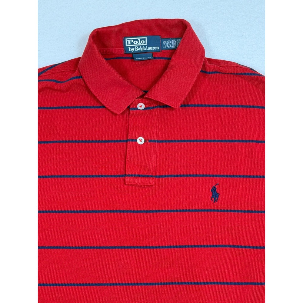 Polo Ralph Lauren Mens Large Red Navy Blue Striped Custom Fit Pique Polo Shirt